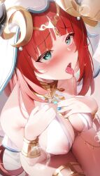 1girls bangs blush breasts covered_nipples fantongjun female female_only genshin_impact green_eyes horns large_breasts long_hair nilou_(genshin_impact) nipples open_mouth red_hair saliva saliva_trail solo thighs tongue tongue_out veil