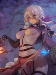 1girls areolae big_breasts blonde_hair blush braids breasts detailed_background dress dress_lift elbow_gloves garter_belt garter_straps gloves halloween hi_res jewelry lantern letter long_hair looking_at_viewer mechanical_arm midriff mitsu_art navel necklace nipple_chain nipple_piercing nipples open_mouth prosthetic pubic_hair pussy ribbon sky solo_female thick_thighs trimmed_pubic_hair upskirt violet_evergarden violet_evergarden_(character) watermark