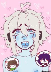 blowjob blue_eyes blue_nipples chara chat_bubble danganronpa danganronpa_v3:_killing_harmony double_blowjob heart-shaped_pupils heart_nipples hearts kiibo ouma_kokichi pink_background straight_hair tagme undertale undertale_(series) white_hair yaoi