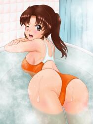 1girls artist_request ass bathing bathroom big_ass big_breasts blush breasts brown_eyes brown_hair busty competition_swimsuit female female_only large_breasts legs looking_at_viewer looking_back medium_hair one-piece_swimsuit one_eye_closed original original_character ponytail sideboob smile swimsuit thighs tub wet wink