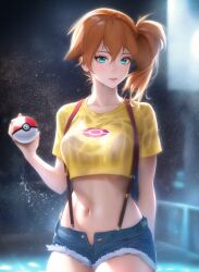 1girls ai_generated aqua_eyes clothes crop_top denim denim_shorts female female_only holding holding_poke_ball kasumi_(pokemon) midriff orange_hair poke_ball pokemon poolside seliph shirt shorts side_ponytail solo stable_diffusion suspenders wet yellow_crop_top yellow_shirt