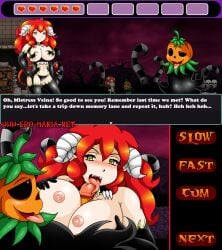 big_breasts english_text game licking_penis monster monster_girl paizuri pumpkin red_hair succubus tongue tongue_out vanja