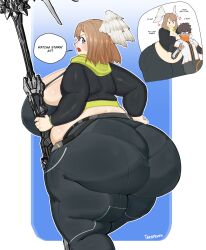 1boy 1boy1girl 1girls 2022 anger_vein ass bbw belly blue_eyes breasts brown_hair chubby chubby_female curvaceous curvy english english_text eunie_(xenoblade) evilmoomy fat fat_girl fat_woman female glasses hips huge_ass huge_belly huge_breasts huge_thighs larger_female looking_back male obese obese_female overweight overweight_female panties plump sideboob size_difference smaller_male speech_bubble staff taion_(xenoblade) takamoom text thick_thighs thighs tummy voluptuous wide_hips wings wings_on_head xenoblade_(series) xenoblade_chronicles_3