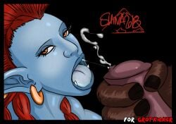 1boy 1girls 2018 blizzard_entertainment blue_skin cumshot horsecock interspecies jerkingoff mohawk open_mouth original_character red_hair shina tauren tongue troll troll_(warcraft) troll_female warcraft world_of_warcraft zazi_(noname55)