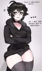 1boy absolute_territory absurd_res ahoge androgynous angry arms_crossed black_clothing black_hair black_legwear blush bulge choker clothing cowlick crossed_arms cute_male dialogue doomer_boy ear_piercing earrings emo english_text femboy feminine_male girly goth hi_res hoodie looking_away male male_only nelewdy nelody penis_bulge short_hair short_shorts shorts simple_background skindentation solo standing sweat text thick_thighs thighhighs thighs trap underwear wojak_comics zettai_ryouiki