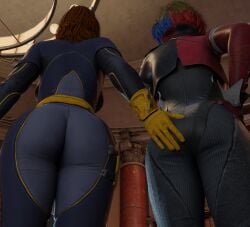 2girls 3d batgirl batgirl_(gotham_knights) batman_(series) big_ass big_butt clothed clothing creampilations dc dc_comics female female_only gotham_knights groping harley_quinn harley_quinn_(gotham_knights) rear_view