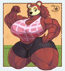 animal_crossing big_breasts black_shorts dreamerknights female female_only flexing_arm flexing_muscles hedgehog muscular muscular_female nintendo posing red_skin sable_able shorts sideboob thick_thighs