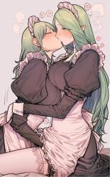 2girls alternate_costume apron black_dress blush breasts byleth_(fire_emblem) byleth_(fire_emblem)_(female) closed_eyes commentary_request dress enlightened_byleth_(female) enmaided female female_only fingering fingering_partner fire_emblem fire_emblem:_three_houses frilled_apron frills from_side garter_straps gloves green_hair grey_background hand_under_clothes heart higher_resolution_duplicate highres ikarin implied_fingering kissing large_breasts long_hair long_sleeves maid maid_headdress milf multiple_girls nintendo older_female pointy_ears profile rhea_(fire_emblem) sex simple_background sitting spoken_heart sweat thighhighs very_long_hair white_apron white_gloves white_thighhighs wrist_cuffs yuri