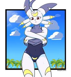 animal_ears anthro blue_skin clothes_lift digimon digimon_(species) digimon_story digimon_story:_sunburst_and_moonlight female female_only flat_chest highres ineedanaccount lekismon open_mouth red_eyes school_swimsuit solo tattoo white_skin