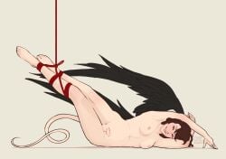 1futa breasts flaccid futanari intersex leg_lift long_hair lying nude pale_skin penis red_eyes red_rope simple_background small_penis solo soushiyo tied_legs wings