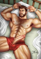 arms_up asmodis_(artist) ben_(asmodis) boner erect_penis erection hairy_chest handcuffs hard_on laying_on_bed looking_at_viewer male male_only muscles muscular muscular_male penis_out spread_legs twitter_user_oc veiny_penis