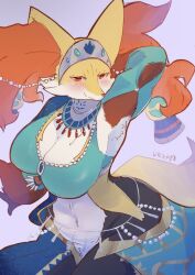 anthro armpit armpit_hair armpits arms_up belly_button blush cleavage crystal delphox dress female female_focus female_only fox fox_ears fox_girl generation_6_pokemon highres huge_breasts milf necklace nintendo orange_eyes pokémon_(species) pokemon pokemon_unite pokemorph sacred_style_delphox skirt smile thick thick_thighs ukenya