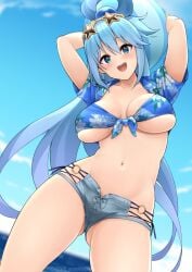 1girls alternate_costume aqua_(konosuba) arms_up ass_visible_through_thighs ball bangs beachball bikini blue_bikini blue_eyes blue_hair blue_shirt blue_shorts blue_sky blush breasts breasts_apart cleavage clothed clothed_female collarbone eyewear_on_head female female_only floral_print front-tie_bikini_top front-tie_top hair_ornament hair_rings hawaiian_shirt jampen kono_subarashii_sekai_ni_shukufuku_wo! large_breasts light-skinned_female light_skin long_hair looking_at_viewer micro_shorts nave o-ring open_mouth short_sleeves shorts skindentation sky smile solo star-shaped_eyewear stomach sunglasses swimsuit thighs underboob