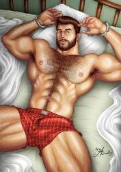 arms_up asmodis_(artist) ben_(asmodis) bulge erection_under_underwear hairy_chest handcuffs laying_on_bed looking_at_viewer male male_only muscles muscular muscular_male spread_legs twitter_user_oc