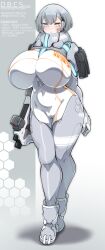 1girls absurdres android barcode barcode_tattoo bodysuit breasts buchi_holes clone_soldier_(konoshige) covered_navel english_text facial_tattoo female female_only full_body gigantic_breasts grey_bodysuit grey_eyes grey_hair gun highres holding holding_gun holding_weapon konoshige_(ryuun) multicolored_bodysuit multicolored_clothes original ryuun_(stiil) short_hair solo standing tattoo text weapon white_bodysuit