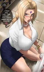 1girls annoyed blonde_hair brown_eyes busty cleavage clothed clothed_female dialogue echosaber english_text fat_breasts female forehead_mark hi_res hips huge_breasts innuendo light-skinned_female light_skin long_hair massive_breasts mature_female milf naruto naruto_shippuden secretly_loves_it shounen_jump solo squatting teacher text thick_thighs thighs tsunade wide_hips