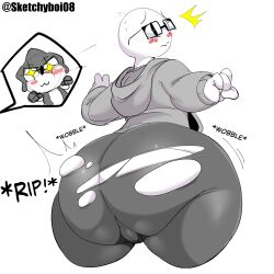 2boys blush clothes femboy glasses grey_hoodie greyscale huge_ass male nose_bleed pants ripped_clothing sketchyboi08 sketchyboi_(sketchyboi08) surprised text thick_thighs wobble