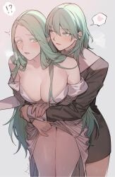 !? 2girls alternate_version_available bangs blush breasts breath byleth_(fire_emblem) byleth_(fire_emblem)_(female) cleavage clothes_lift commentary_request enlightened_byleth_(female) female female_only fire_emblem fire_emblem:_three_houses green_eyes green_hair grey_background hair_between_eyes heart highres ikarin jewelry large_breasts lifted_by_another long_hair multiple_girls nintendo older_female parted_lips pointy_ears rhea_(fire_emblem) ring simple_background spoken_heart very_long_hair younger_dom_older_sub yuri