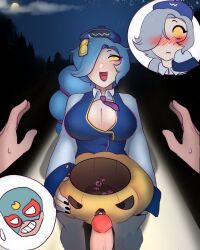 anapple black_fingernails blue_eyeshadow blue_hair blue_lipstick blush boob_window brawl_stars colette_(brawl_stars) comic el_primo_(brawl_stars) female halloween inspector_colette mask pumpkin smiling supercell yellow_eyes