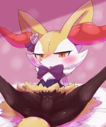 anthro badwingm black_body blush bodily_fluids braixen female generation_6_pokemon genitals hi_res looking_at_viewer nintendo open_mouth pokémon_(species) pokemon pokemon_(species) pussy red_eyes solo spread_legs spreading sweat video_games yellow_body