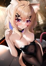 1girl 1girls ahoge animal_ear_fluff animal_ears bangs bare_arms bare_shoulders black_choker black_legwear blonde_hair blush breasts brown_legwear cat_ears cat_tail catgirl choker cleavage closed_mouth collar collarbone covered_navel facial_mark frown hair_between_eyes hair_ornament hairclip leotard long_hair looking_at_viewer medium_breasts navel navel_cutout pantyhose purple_eyes small_breasts solo squchan squchan_(vtuber) standing strapless strapless_leotard tail thighhighs thighs virtual_youtuber vyugen x_hair_ornament