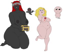 1boy 2girls barefoot bbw big_breasts black_skin blindfold blonde_hair blush_stickers chubby chubby_belly chubby_female color colored completely_nude completely_nude_female demon_girl demon_horns exposed_breasts fat_folds female full_body heart isaac_(the_binding_of_isaac) light_skin lilith_(the_binding_of_isaac) long_hair magdalene_(the_binding_of_isaac) mob_face naked naked_female nude nude_female overlordzeon red_hair simple_face smile the_binding_of_isaac thick_thighs white_background wide_hips