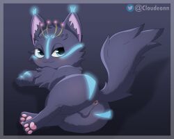 absurd_res anus ass balls blue_eyes blush cheek_tuft cloudeon digital_media_(artwork) domestic_cat ear_tuft eyebrows facial_tuft felid feline felis feral fluffy fluffy_tail fur genitals happy head_tuft hi_res inner_ear_fluff looking_at_viewer lumino_(end0609) lying male mammal neck_tuft on_side pawpads paws shaded simple_background smile solo tuft