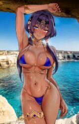 1girls arm_up armpits bikini breasts candace_(genshin_impact) dark-skinned_female female foxy_rain_(foxyreine) foxyrain_(foxyreine) foxyreine genshin_impact photo_background solo standing sweat tagme water