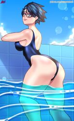 1girls ass bayonetta bayonetta_(character) bayonetta_2 big_ass bonecrusherii female glasses one-piece_swimsuit platinum_games pool poolside sega short_hair swimming swimming_pool swimsuit swimwear water