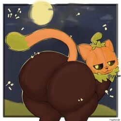 big_ass big_butt black_body cat_ears cat_tail green_eyes green_fur halloween looking_at_viewer looking_back magthender orange_ears orange_tail outdoors outside pumkat pumpkin pumpkin_head purring tail thick_ass thick_thighs