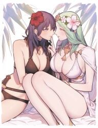 2girls alternate_costume bangs bikini black_bikini black_swimsuit blush breasts byleth_(fire_emblem) byleth_(fire_emblem)_(female) byleth_(summer)_(fire_emblem)_(female) cape cleavage closed_mouth commentary_request eye_contact female female_only finger_to_another's_mouth fire_emblem fire_emblem:_three_houses fire_emblem_heroes flower green_eyes green_hair hair_between_eyes hair_flower hair_ornament head_wreath hibiscus higher_resolution_duplicate highres ikarin index_finger_raised jewelry large_breasts long_hair looking_at_another multiple_girls necklace official_alternate_costume older_female one-piece_swimsuit parted_lips pointy_ears purple_eyes purple_hair red_flower rhea_(fire_emblem) rhea_(summer)_(fire_emblem) simple_background swimsuit teal_hair white_bikini white_cape white_flower white_swimsuit yuri