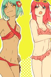 2girls angry assertive_female bikini eyewear eyewear_on_head female female_only flower fuu_(naruto) glasses glasses_on_head green_hair hair_flower hair_ornament hand_on_hip highres looking_at_viewer midriff multiple_girls naruto naruto_(series) naruto_shippuden navel o96ap open_mouth orange_eyes pink_bikini pink_one-piece_swimsuit red_bikini red_eyes red_hair red_one-piece_swimsuit side-tie_bikini_bottom smile standing sunglasses swimsuit uzumaki_karin