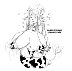 1girls areola_slip areolae bell bell_and_collar big_nipples black_and_white breast_milk breasts collar collar_and_bell cow_ears cow_horns cow_print cow_print_bra cow_print_legwear cow_print_panties cow_tail cowbell cowprint cowprint_bra cowprint_panties doki_doki_literature_club female gigantic_breasts glubtastic happy_birthday heart horn horns huge_breasts lactation legwear looking_at_viewer monika_(doki_doki_literature_club) moonika nipple_bulge nipples panties puffy_nipples solo solo_female tail_wag text thick_thighs thighhighs white_background