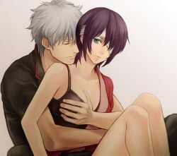 1boy 1girls bandages breast_grab closed_eyes cma dark_hair eye_patch female from_behind genderswap_(mtf) gintama gintoki_sakata grabbing_from_behind green_eyes groping groping_breasts groping_from_behind hadanugi_dousa hair_over_one_eye hugging_from_behind intimate kimono looking_at_viewer male off_shoulder purple_hair rule_63 short_hair smile takasugi_shinsuke tomboy wholesome