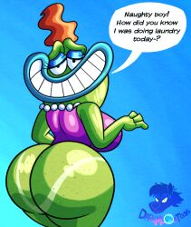 anthro beverly_bighead big_ass big_breasts blu3danny bottomless darkmoontoons dialogue freckles looking_at_viewer looking_back milf nickelodeon orange_hair pantless rocko's_modern_life sideboob smiling smiling_at_viewer text text_bubble thick_ass thick_thighs wide_hips