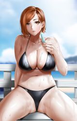 1girls big_breasts bikini bikini_bottom bikini_top black_bikini breasts easonx female female_only hair huge_breasts jujutsu_kaisen kugisaki_nobara lips orange_eyes orange_hair popsicle solo solo_female swimsuit swimwear thighs wet wet_body