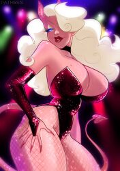 blue_eyes blush dancer demoness devil eyelashes eyeshadow lipstick night nightclub oc pathesis pathesisnsfw pathesisx pink_skin puffy_lips red_lipstick rosie_heart sparkle sparkles strawberry strip_club stripper tiefling white_hair