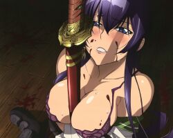 big_breasts blood_on_face blood_splatter blue_eyes blush bra breasts high_resolution highschool_of_the_dead katana long_hair purple_hair saeko_busujima sword sword_between_breasts upside-down_(artist) wallpaper weapon