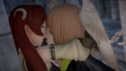 2girls 3d 3d_(artwork) against_wall arms_around_neck black_jacket blue_eyes brown_hair commission crossover eunie_(xenoblade) exaltedbrand eyes_half_open female_only fire_emblem fire_emblem_awakening head_wings holding_partner kissing legs_around_partner legs_wrapped_around_partner lesbian_kiss nintendo red_hair severa_(fire_emblem) standing tongue tongue_kiss twintails xenoblade_(series) xenoblade_chronicles_3 yuri