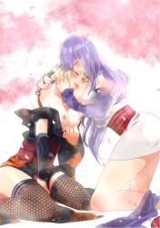 2girls big_breasts blonde_hair blush breasts_out detached_sleeves embrace face_in_breasts female female_only fishnet_legwear fishnet_thighhighs fishnets gintama head_between_breasts hug japanese_clothes kimono kneeling kunai kunoichi lavender_hair long_hair multiple_girls no_bra obi off_shoulder open_kimono purple_hair sarutobi_ayame sitting thighhighs tsukuyo wariza yuri