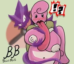 !? anthro anthrofied blush bostboik groping haunter large_breasts licking_breast lickitung long_tongue pink_skin pokemon pokemon_rgby