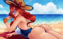 1girls 2d ass beach blue-tinted_eyewear blue_eyes female female_only laying_down league_of_legends light-skinned_female light_skin looking_at_viewer looking_over_eyewear looking_over_glasses looking_over_sunglasses miss_fortune pool_party_miss_fortune pool_party_series poposhirat purple-tinted_eyewear red_hair riot_games self_upload solo solo_female sunglasses tinted_eyewear