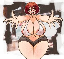 big_belly big_breasts chubby_female crashcantheman freckles glaice_naguaru inverted_nipples red_eye red_hair see-through_clothing