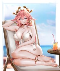 1girls beach_chair big_breasts bikini bikini_top breasts chair cleavage ear_piercing earrings easonx feet female female_only genshin_impact hair huge_breasts pink_hair purple_eyes solo solo_female swimsuit swimwear thighs white_bikini yae_miko