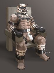 abs anthro balls biceps bit_gag blindfold bodily_fluids bondage bondage_chair bondage_furniture bondage_mittens bound brown_background chastity_device dripping felid feline final_fantasy final_fantasy_xiv gag genital_fluids genitals hi_res hrothgar kamyuelo leather_straps male male_only mammal muscular muscular_legs pecs precum precum_drip pubes restraints saliva saliva_drip simple_background sitting solo square_enix video_games