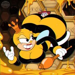 ass bee crown crush cuphead_(game) facesitting gagged green_eyes hive honey honey_dipper imadeej interspecies light_bug_(cuphead) lipstick queen_bee red_hat rumor_honeybottoms size_difference squish sunhat trapped yellow_and_black