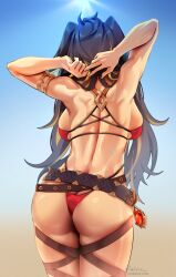 1girls arms_behind_head arms_up ass ass_cleavage back back_view backboob bare_shoulders belt bikini black_hair breasts butt_crack dark-skinned_female dark_skin dehya_(genshin_impact) facing_away female female_only foxy_rain_(foxyreine) foxyrain_(foxyreine) foxyreine from_behind genshin_impact highres large_breasts long_hair multicolored_hair red_bikini solo standing swimsuit thighs vision_(genshin_impact) yellow_hair