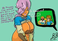 1boy 2girls blush bostboik breath_of_the_wild brown_skin brown_skinned_female dialogue female female_focus great_fairy great_fairy_(breath_of_the_wild) hair_over_one_eye large_breasts link link_(breath_of_the_wild) mija_(great_fairy) nipple_piercing orange_skin pink_hair princess_zelda text the_legend_of_zelda zelda_(breath_of_the_wild)