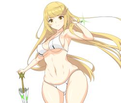 1girls bikini blonde_hair bracelet breasts dollinger earrings large_breasts long_hair looking_at_viewer midriff mythra navel nintendo race_queen swimsuit umbrella white_bikini white_swimsuit xenoblade_(series) xenoblade_chronicles_2 yellow_eyes