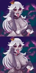 1girls 1other ambiguous_gender black_sclera blush boo_(mario) boosette breasts claws crown erect_nipples female female_focus gloves large_breasts long_gloves long_hair long_tongue looking_at_viewer luigi's_mansion mario_(series) new_super_mario_bros._u_deluxe nintendo nipples open_mouth pale_skin pink_eyes sanjayblack sharp_teeth white_hair